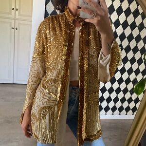 Amazing unique gold sequin long festival bomber jacket.